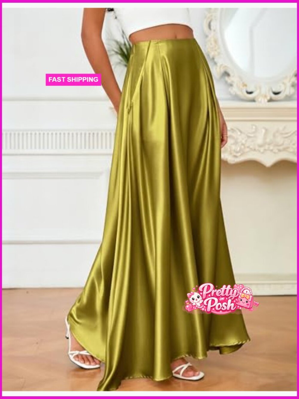 High Waisted Flowy Maxi Skirt with Pockets Satin - Picture 5 of 6